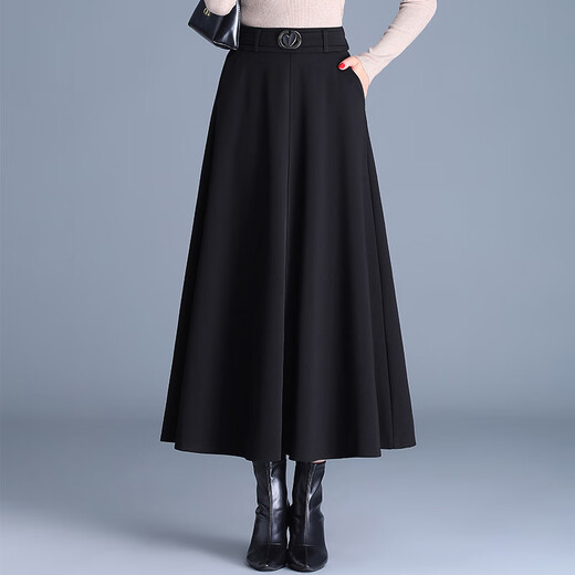 Woolen skirt for women with drapey black winter 2025 new style high-waist skirt that covers the crotch and looks slimming, long skirt with pleated skirt, black M 2 feet/recommended 90-100 Jin Jin is equal to 0.5 kg