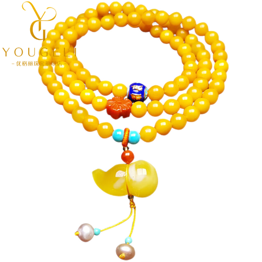 Yogurt natural chicken fat yellow beeswax 108 multi-circle bracelet amber gourd bracelet three-circle style (about 80 beads) beads 6mm