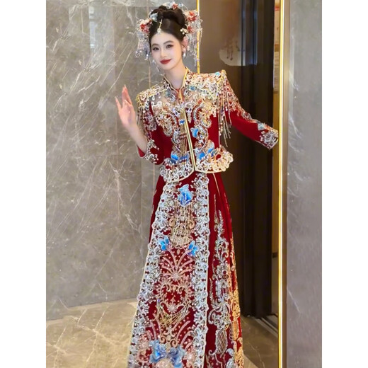 ROAR UTHAUG Velvet Xiuhe Wedding Clothes 2025 New Bride Wedding Dress Chinese Wedding Dress Heavy Industry Dragon and Phoenix Gown Wedding Clothes Red Xiuhe Clothing Free Earrings M