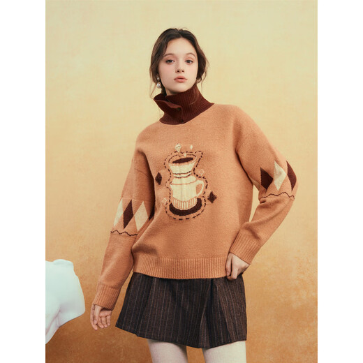 Two or Three Things Morning Coffee Warmth 2025 Winter New Forest Style Coffee Pot Pattern Color Block Lapel Pullover Sweater Women Khaki S