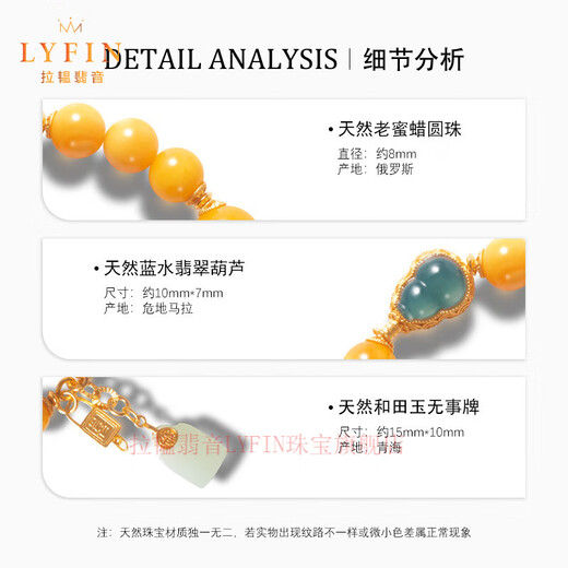 Layun Feiyin Natural Boutique Beeswax Bracelet Women's S925 Silver Plated 18K Gold Blue Water Jade Jasper 8mm Ball Bead Bracelet L 16.6cm-18cm 8mm