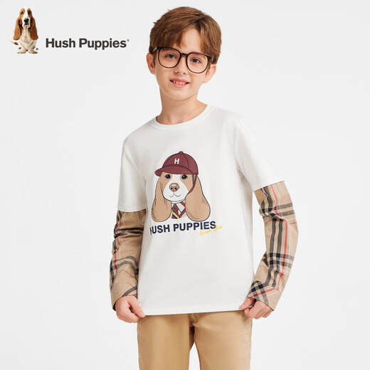 Hush Puppies children's clothing children's shirt boys autumn new classic college style fake two-piece comfortable crew neck shirt original white 150 cm