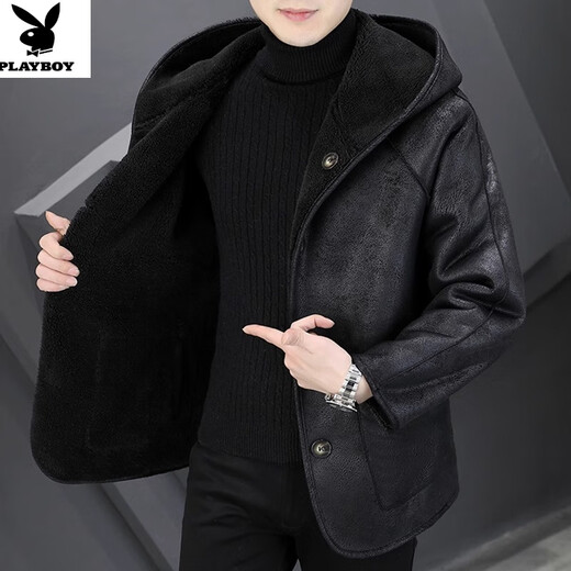 Playboy (PLAYBOY) Hooded Fur Grained Sheep Velvet Coated Fur One-piece Jacket Men's Thickened Reversible Shearling Leather Jacket Black (Reversible) 3XL Approximately 150-170Jin Jin is equal to 0.5 kg