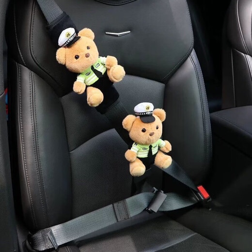 Car child safety belt traffic police bear protective cover fixed adjuster anti-strangle cartoon baby shoulder pad set blue bear child safety belt holder