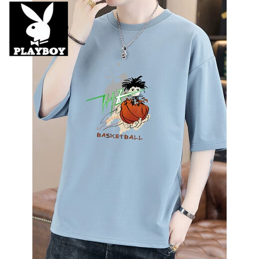 花花公子（PLAYBOY）潮流纯色男士圆领宽松T恤2025夏季新款潮流帅气青年五分袖体恤衫 T9902白色 M