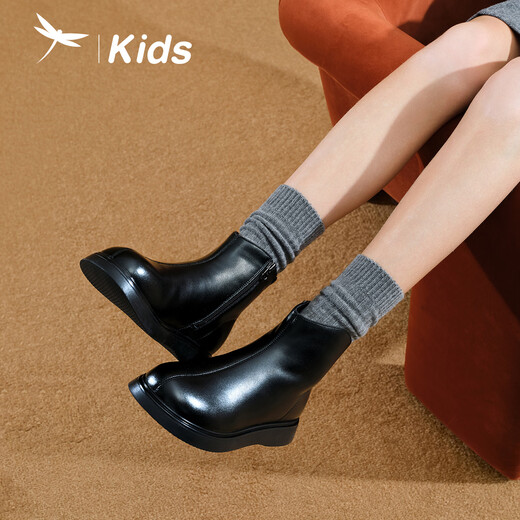 Red Dragonfly children's autumn and winter girls' shoes leather boots soft sole medium and large children's cotton shoes short boots Martin boots Q54BM001 black 34