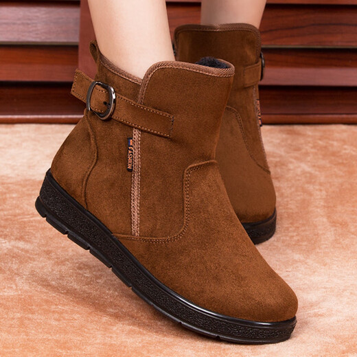 Old winter snow boots, flat short boots, short anti-slip cotton boots, plus velvet, warm and thick-soled cotton shoes, black 35, shipped immediately