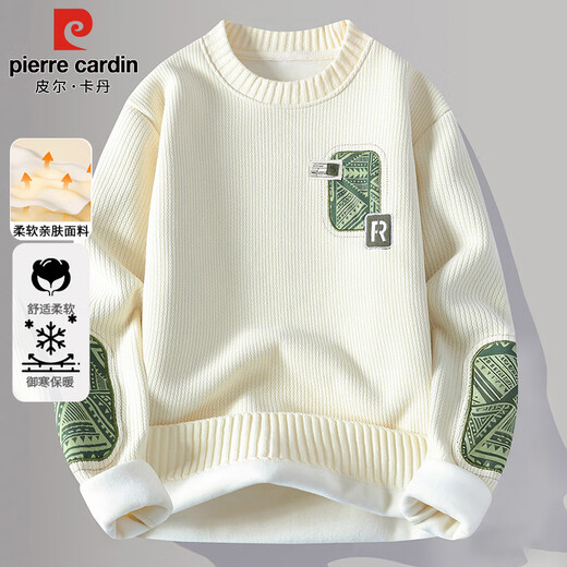 皮尔卡丹（pierre cardin）加绒卫衣男秋冬季潮流长袖T恤男士半高领休闲毛衣男装 米白 XL