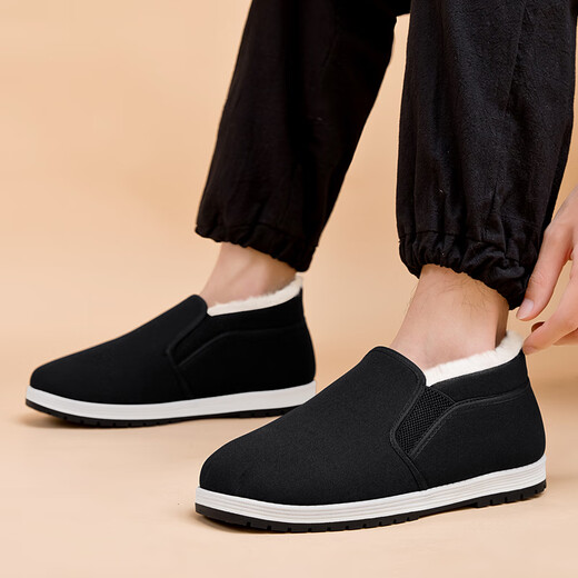 KINGXIAOJING old Beijing cloth shoes men's winter plus velvet warm wool 2025 autumn new thick cotton shoes for the elderly wool style wear-resistant black beef tendon sole 41