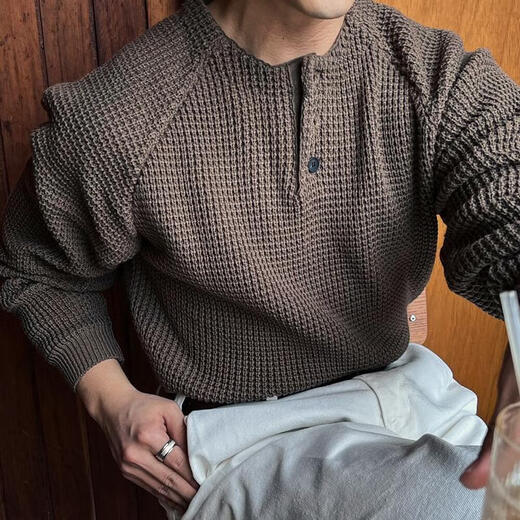 Zier American workwear sweater men's large size 300 Jin Jin equals 0.5 kg Waffle Henry collar knitted bottoming shirt autumn loose long black L recommended 100 to 120 Jin Jin equals 0.5 kg