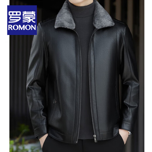 ROMON fur integrated velvet thickened leather jacket for men in autumn and winter heat storage and cold-resistant jacket for middle-aged and young people high-end casual jacket black XL / recommended 135-150Jin Jin is equal to 0.5 kg