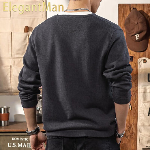 ElegantMan American retro Henry collar sweater men's cotton 2025 winter new thickened warm knitted bottoming shirt Henry shirt gray blue S
