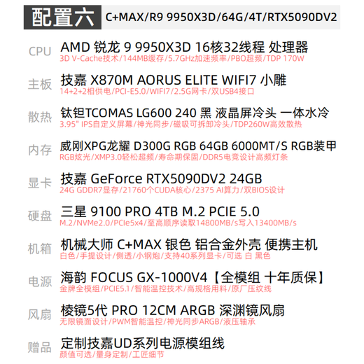 Gigabyte RTX5090D/V2/5080 Mechanical Master C+MAX high-end mini water-cooled game console DIY assembly computer design portable small steel gun desktop machine six 9950X3D/64G/4T/5090DV2
