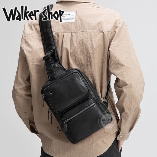 Walker Shop胸包男士【头层牛皮面料】休闲潮流单肩包青年时尚男士斜跨包 黑色 31cm*8cm*18cm