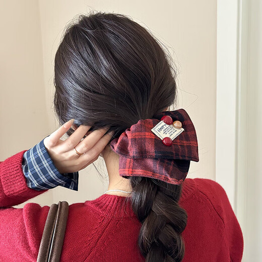 French plaid square scarf hair tie, autumn and winter square large intestine hair tie for women, high elasticity, no damage to hair, durable rubber band headband 4# Popular 2 pieces