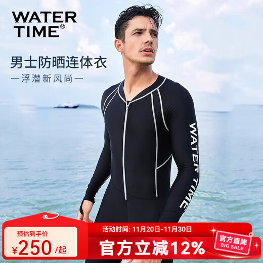 WATERTIME wetsuit, men's jellyfish suit, snorkeling suit, sun protection, waterproof, cold-proof one-piece long-sleeved swimsuit, swimming and surfing equipment, black M (height 165-170, weight 55-60kg)