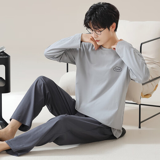 Langsha men's pajamas men's pure cotton 7A antibacterial and mite removal spring and autumn long-sleeved round neck suit can be worn outside simple home clothes