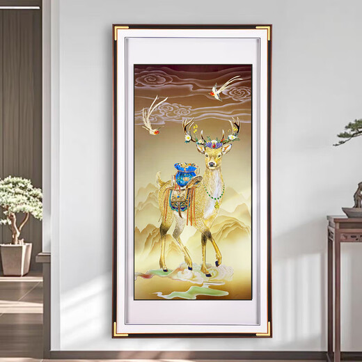 Yusenyi Five Blessings at the Door Entrance Porch Bronze Decoration Painting Hand-carved Brass Copper Plate Painting High-grade Walnut Frame Painting Five Blessings at the Door 70*140cm Requires a power cord socket on the wall to add LE lights Brass painting core hand-engraved + high-definition high-transparency tempered glass