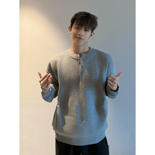 Du Xiaoxian cleanfit Henry collar black sweater men's autumn and winter lazy style long-sleeved Polo shirt right shoulder inner sweater black XL recommended 120-140Jin Jin equals 0.5 kg