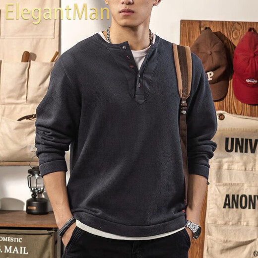 ElegantMan American retro Henry collar sweater men's cotton 2025 winter new thickened warm knitted bottoming shirt Henry shirt gray blue S