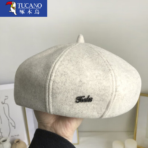 Woodpecker beret women's autumn and winter new octagonal painter hat casual versatile newsboy hat retro British hat fashion woolen style off-white one size (56-58cm)
