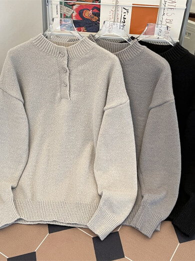 Xiaohongshu’s most popular purchase product heavy weight henley collar sweater men’s autumn and winter pullover sweater youth cover dark gray M one size