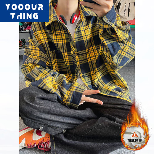 YOOOURTHING美式复古格子衬衫男长袖春秋冬加绒加厚宽松情侣百搭休闲衬衣外套 CJ9735-绿格 加绒 L (建议110-130斤)