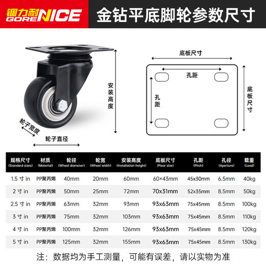 Jinglinai light gold diamond caster 1.5 inch universal wheel trolley wheel anti-slip wear-resistant flat plate connection polypropylene pulley ZW-40