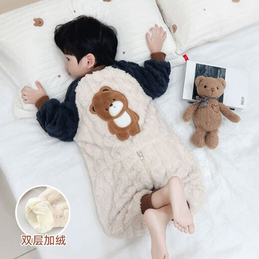 Children's one-piece pajamas autumn and winter flannel double-layer thickened baby baby sleeping bag boy's coral velvet anti-kick 1 picture color 90