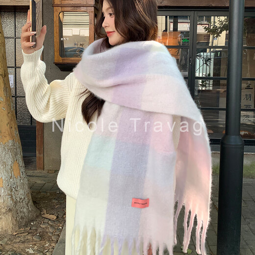 Fat Donglai's same style warm winter thickened scarf soft waxy white purple mohair winter scarf for girls thickened Yunshu plaid