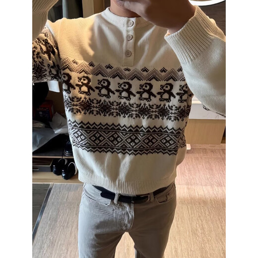 Taichiism Christmas Penguin Fair Isle Henry Neck Sweater for Men and Women, Autumn and Winter Lazy High-Quality Knitwear, Off-White 3XL 160-180Jin Jin is equal to 0.5 kg