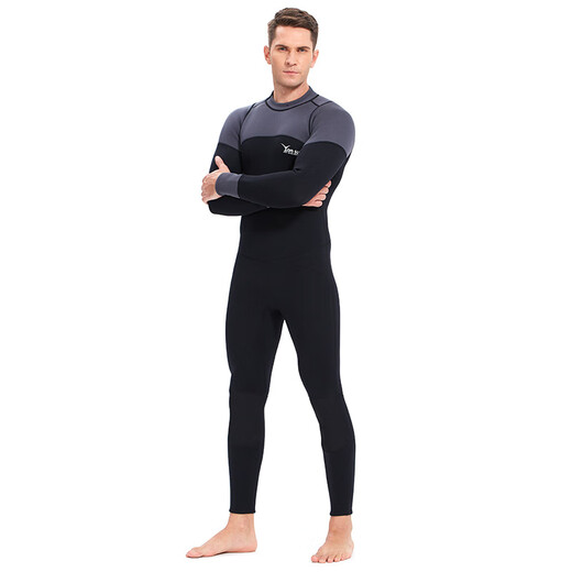 Yonsub3MM long-sleeved adult men's and women's swimwear, warm men's deep diving snorkeling suit, professional wetsuit, black gray long-sleeved S