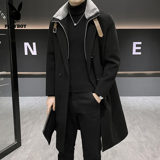 Playboy (PLAYBOY) Winter Thickened Woolen Coat Men's Mid-Length Design Fake Two-piece Warm and Cold-resistant Windbreaker Jacket with Fur Collar Khaki XL (120-140Jin Jin is equal to 0.5kg)