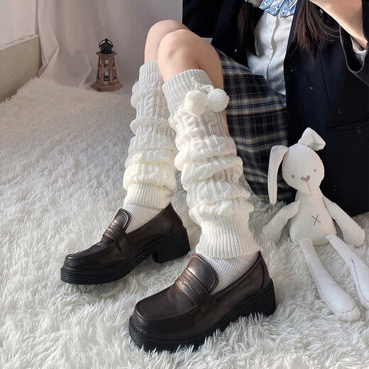 Women's Autumn and Winter Long Socks with Perfect Fur Balls, White, One Size