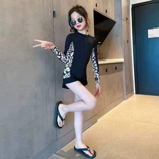Girls swimwear 2025 new children's long-sleeved sunscreen quick-drying swimsuit for middle-aged and older girls one-piece swimming suit swimsuit plus swimming cap 140 140cm