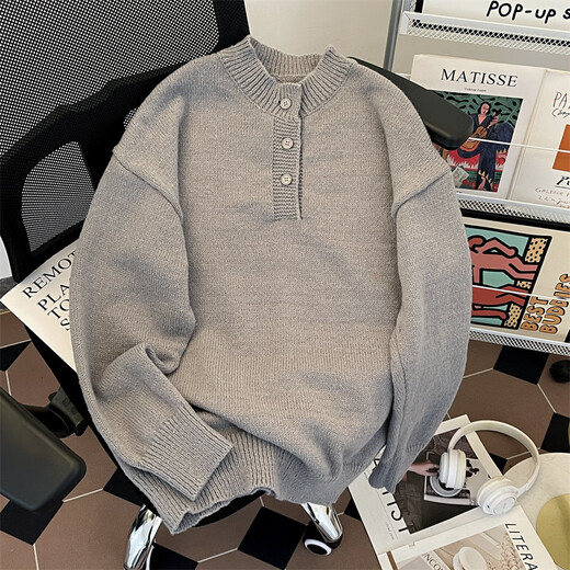 Xiaohongshu’s most popular purchase product heavy weight henley collar sweater men’s autumn and winter pullover sweater youth cover dark gray M one size
