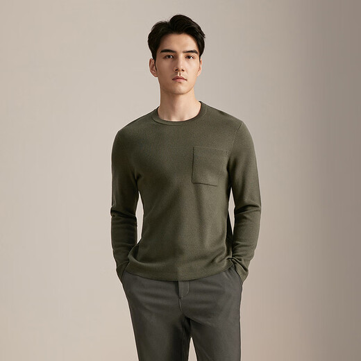 YOUNGOR wool sweater for men, wool blended, machine washable, easy to care for, not easy to pill or deform, 2025 shopping mall same style, dark green YYQW635281PYA L 105cm (recommended 145-165Jin Jin is equal to 0.5kg)