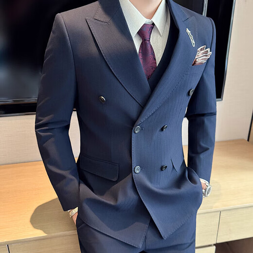 FZPT light luxury trendy brand suit suit for men 2025 autumn and winter new business casual fashion slim striped double-breasted suit medium gray suit + pants + vest 3XL recommended 150-160Jin Jin equals 0.5 kg