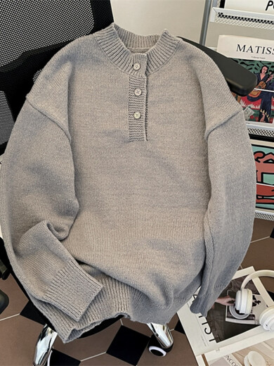 Xiaohongshu’s most popular purchase product heavy weight henley collar sweater men’s autumn and winter pullover sweater youth cover dark gray M one size