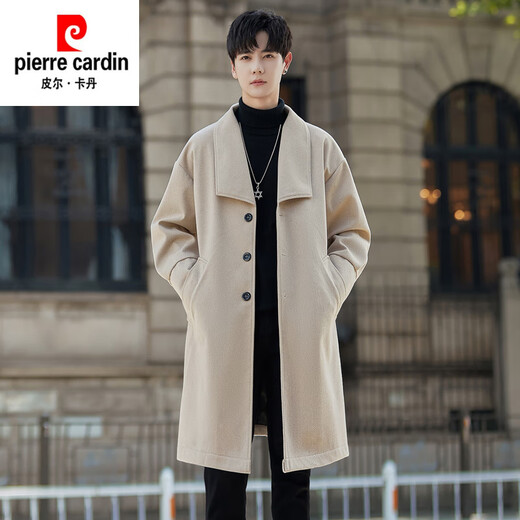 皮尔卡丹（pierre cardin）男士毛呢大衣秋冬高级感痞帅中长款过膝风衣潮牌廓形正肩呢子外套 黑色 M