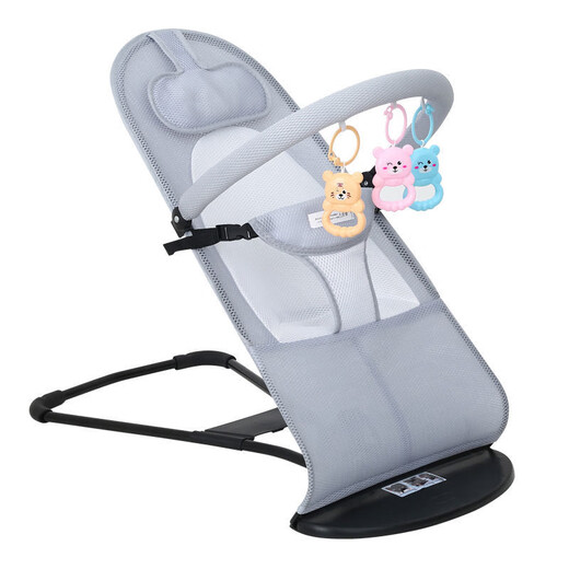 Hassen Bear baby rocking chair, a magic device for coaxing babies, baby cradle chair, recliner, foldable and adjustable rocking chair, suitable for all seasons, red double net + baby pillow + mosquito repellent buckle + suitable for all seasons, toy set + mosquito net