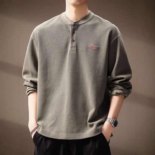 GOLDLION G+Goldlion broken code 2026 high-end American retro waffle sweatshirt men's autumn new trendy brand Henry collar loose grass green M suitable for 100-120Jin Jin equals 0.5 kg