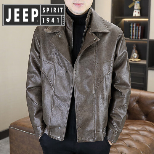 JEEP SPIRIT Jeep fake two-piece leather jacket men's fur one-piece plus velvet thickened jacket Pishuai 2025 new winter motorcycle 98815 coffee color L about 90-110 Jin Jin equals 0.5 kg can be worn