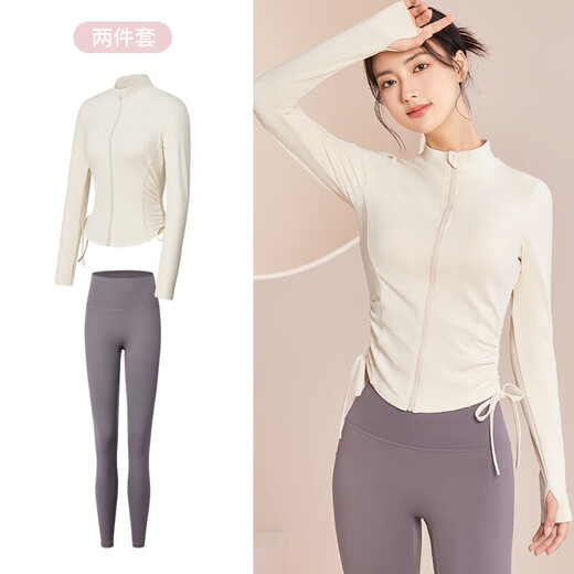 Maizun Yufu Yoga Wear Jacket Women's Sports Long Sleeve Top Set Training Wear Fitness Autumn and Winter New Pilates Yunrou Milk White Top + Gray Cloud Pants S
