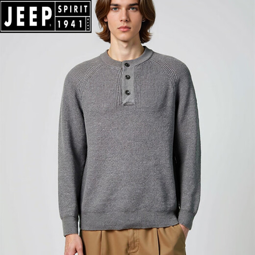 JEEP SPIRIT Old Money Style Henley Collar Sweater 25 Autumn and Winter Men's Lazy Loose Long Sleeve Textured Button Stand Collar Sweater Black S