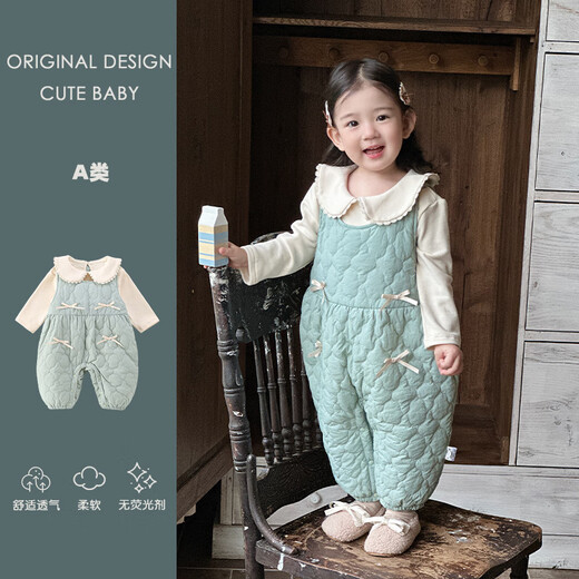 YEEHOO's new autumn and winter style baby girl's quilted overalls, stylish infant doll collar bottoming clothes, one-piece set, two-piece set, light blue overalls 73cm