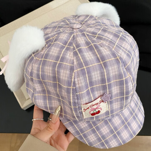 Midele Rabbit Ears Beret Cute Plaid Rabbit Ears Bow Patch Beret Women's Large Head Circumference Shows Face Small Octagon Purple Plaid Rabbit Ears Beret M (56-58cm)