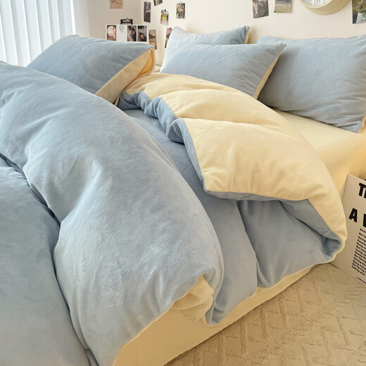 Fantasy winter thickened milk velvet duvet cover single piece 150x00x30 single and double flannel coral velvet quilt cover plus baby blue + milkshake yellow high weight milk velvet double warmth student bed sheet style three-piece set - suitable for 150x200cm quilt