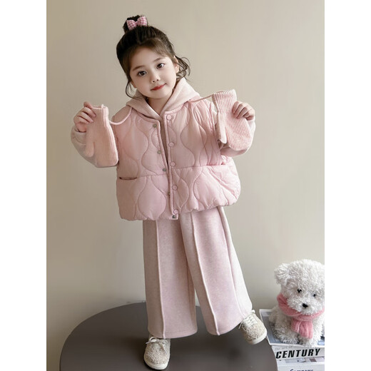 NACJOM Girls' Velvet Thickened Suit Autumn and Winter 2025 New Children's Fashionable Wear Baby Girl Winter Vest Three-piece Set Pink 90 cm