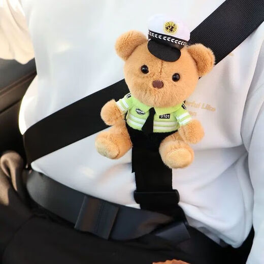 Car child safety belt traffic police bear protective cover fixed adjuster anti-strangle cartoon baby shoulder pad set blue bear child safety belt holder